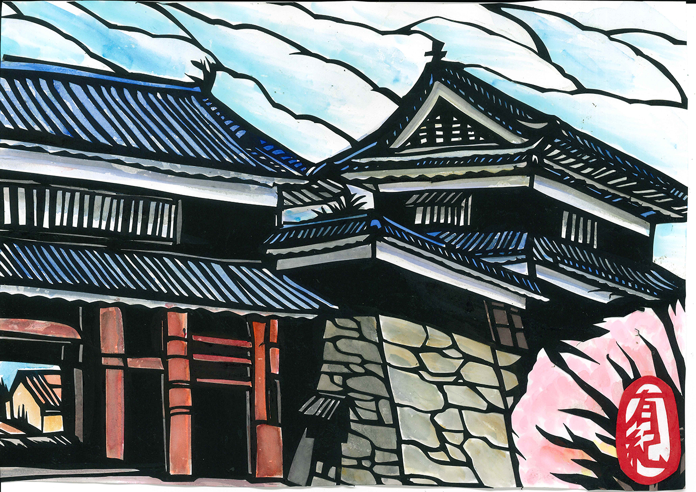 Turrets of Ueda Castle, cherry blossom season